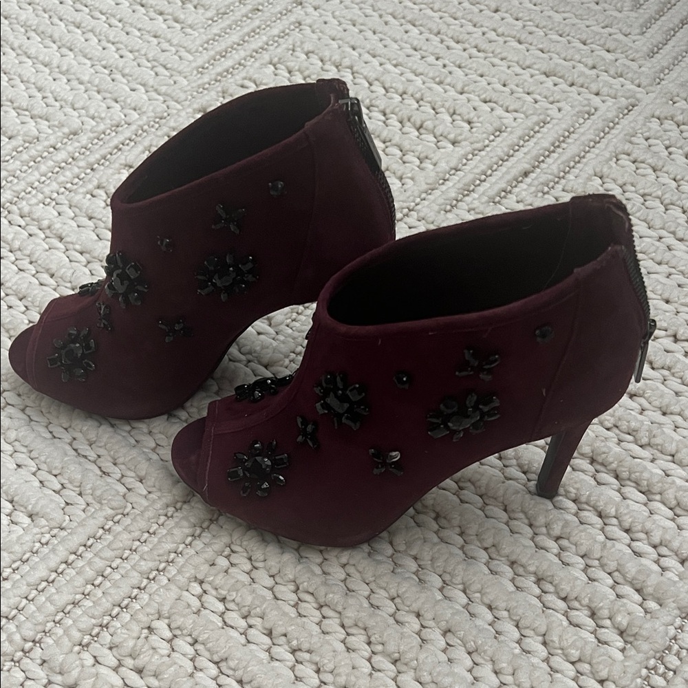 MICHAEL Michael Kors Burgundy Peep-Toe Heels with Black Floral Accents